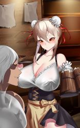 Rule 34 | 1boy, 1girl, absurdres, alcohol, bad id, bad pixiv id, bare shoulders, beer, beer mug, black skirt, blonde hair, blush, breasts, bun cover, cleavage, commission, covered erect nipples, cup, detached sleeves, double bun, food, grin, hair ribbon, highres, holding, holding tray, indoors, large breasts, mug, orange eyes, original, red ribbon, ribbon, shirt, sidelocks, skirt, sleeveless, sleeveless shirt, smile, teira, thighs, tray, waitress, white hair, white shirt