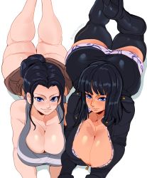 Rule 34 | 2girls, absurdres, age progression, alternate breast size, ass, bare shoulders, black hair, blue eyes, boots, breasts, cashumeru, dark-skinned female, dark skin, dual persona, hair bun, high heel boots, high heels, highres, huge ass, large breasts, long hair, looking at viewer, multiple girls, nico robin, one piece, shirt, shorts, side-by-side, single hair bun, sleeveless, sleeveless shirt, smile, thick thighs, thighhighs, thighs, time skip, uniform