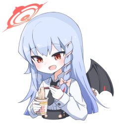Rule 34 | 1girl, aki inu, blue archive, blush, braid, chopsticks, collared shirt, commentary request, cropped torso, demon wings, food, grey hair, halo, haruna (blue archive), holding, holding chopsticks, long hair, necktie, nissin cup noodle, no headwear, open mouth, red eyes, shirt, side braid, simple background, single wing, smile, solo, white background, white shirt, wings