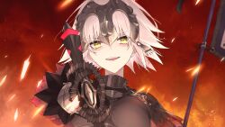 Rule 34 | 1girl, armor, armored dress, banner, black dress, breasts, chain, dress, fate/grand order, fate (series), gauntlets, headpiece, highres, holding, jeanne d&#039;arc alter (avenger) (fate), jeanne d&#039;arc alter (avenger) (first ascension) (fate), jeanne d&#039;arc alter (fate), large breasts, looking at viewer, plackart, pttyr, short hair, solo, sword, weapon, white hair, yellow eyes
