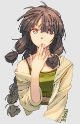 Rule 34 | 1girl, :o, black hair, bra, braid, cropped torso, ergot, green bra, grey background, hair between eyes, hand to own mouth, highres, kantai collection, kitakami (kancolle), kitakami kai ni (kancolle), long hair, looking at viewer, off shoulder, open clothes, open shirt, parted lips, purple eyes, sailor collar, signature, simple background, single braid, solo, sports bra, underwear, upper body, very long hair