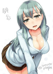 Rule 34 | 10s, 1girl, black eyes, blush, breasts, character name, cleavage, collarbone, cowboy shot, dress shirt, green hair, half-closed eyes, highres, kantai collection, large breasts, leaning forward, long hair, looking at viewer, open mouth, shirt, sketch, skirt, solo, sorano (12gou), suzuya (kancolle), twitter username