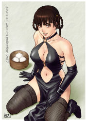 Rule 34 | 1girl, arm support, azasuke, bamboo steamer, baozi, bare shoulders, black dress, black thighhighs, braid, breasts, brown eyes, brown hair, center opening, cleavage, dead or alive, dress, dumpling, earrings, elbow gloves, female focus, fishnets, food, gloves, grin, highres, jewelry, kneeling, latex, latex dress, latex gloves, lei fang, midriff, navel, sitting, smile, solo, tecmo, thighhighs, twin braids, wariza
