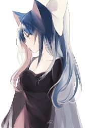 Rule 34 | 1girl, animal ears, black dress, blue hair, bow, breasts, cat ears, collarbone, dress, hair bow, light particles, long hair, long sleeves, looking to the side, lpip, original, profile, signature, simple background, small breasts, solo, upper body, white background, white bow, yellow eyes