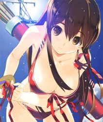 Rule 34 | 10s, 1girl, akagi (kancolle), bikini, blush, breasts, brown hair, cloud, cowboy shot, day, gradient background, hair between eyes, kantai collection, large breasts, leaning forward, long hair, looking at viewer, lowres, nakamura takeshi, quiver, red bikini, sky, smile, solo, sun, swimsuit