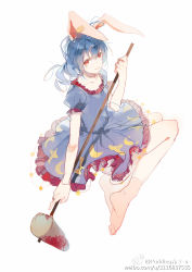 Rule 34 | 1girl, ambiguous red liquid, animal ears, artist name, blue dress, blue hair, rabbit ears, collarbone, crescent, dress, earclip, frilled dress, frills, full body, holding, kine, long hair, looking at viewer, mallet, no shoes, pudding (8008208820), puffy short sleeves, puffy sleeves, red eyes, seiran (touhou), short sleeves, simple background, sketch, smile, socks, solo, star (symbol), star print, touhou, watermark, web address, white background