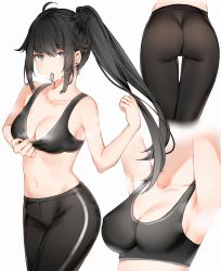 Rule 34 | 1girl, ahoge, arm up, armpits, ass, bare shoulders, black bra, black hair, black legwear, bra, bra pull, breasts, cleavage, clothes pull, collarbone, commentary, cowboy shot, eyes visible through hair, grey eyes, hairband, head out of frame, highres, large breasts, long hair, lower body, midriff, mouth hold, multiple views, original, pants, piercing, ponytail, pulled by self, sidelocks, simple background, sports bra, sports bra pull, stomach, symbol-only commentary, thigh gap, underwear, upper body, white background, yoga pants, yukineko1018
