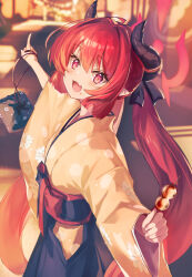 Rule 34 | 1girl, absurdres, black bow, black hakama, black horns, blue archive, blunt tresses, blush, bow, commentary request, dango, demon horns, drawstring bag, floral print, food, food on face, hakama, halo, highres, holding, holding food, horns, japanese clothes, junko (blue archive), junko (new year) (blue archive), kimono, kinchaku, long hair, official alternate costume, open mouth, pointing, pointy ears, pouch, red eyes, red hair, road, slit pupils, smile, street, tsubameno, twintails, wagashi, yellow kimono