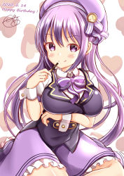 Rule 34 | 1girl, :q, arm under breasts, beret, black vest, blush, bow, breast hold, breasts, closed mouth, collared shirt, dated, dress shirt, food, frilled skirt, frills, gochuumon wa usagi desu ka?, hair between eyes, happy birthday, hat, hat bow, heart, heart background, highres, holding, holding food, large breasts, long hair, pocky, purple bow, purple eyes, purple hair, purple hat, purple skirt, shirt, signature, sitting, skirt, smile, solo, striped, striped bow, tedeza rize, tongue, tongue out, very long hair, vest, white shirt, wrist cuffs, xenon (for achieve)