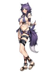 Rule 34 | animal ear fluff, animal ears, arm under breasts, bikini, breasts, halterneck, highres, hiyashi mirano, large breasts, long hair, looking at viewer, makoto (princess connect!), makoto (summer) (princess connect!), princess connect!, purple bikini, purple hair, sandals, shirt, simple background, solo, swimsuit, t-shirt, tail, thigh strap, wet, wet clothes, wet shirt, white background, wolf ears, wolf girl, wolf tail, yellow eyes