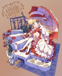 Rule 34 | 1girl, ashita no nadja, back bow, blonde hair, blue eyes, boater hat, bow, brown background, closed mouth, commentary, copyright name, dress, english text, flower, greece, hat, hat ribbon, high heels, highres, holding, holding umbrella, kuwabara (mola 8), lamp, layered sleeves, long hair, long sleeves, looking at viewer, medium dress, nadja applefield, parted bangs, plant, railing, red bow, red flower, red footwear, ribbon, short over long sleeves, short sleeves, simple background, sitting, smile, socks, solo, stairs, umbrella, white dress, white hat, white socks