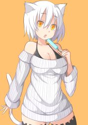 Rule 34 | 1girl, :o, absurdres, animal ears, bare shoulders, black thighhighs, breasts, cat ears, cat tail, cleavage, dress, food, highres, large breasts, long sleeves, looking at viewer, off-shoulder, off-shoulder sweater, off shoulder, original, popsicle, redrose214, ribbed sweater, short hair, simple background, sketch, solo, sweater, sweater dress, tail, thighhighs, white hair, yellow background, yellow eyes, zettai ryouiki