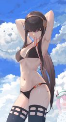 Rule 34 | 2girls, :o, absurdres, alternate hair length, alternate hairstyle, anya (spy x family), armpits, arms behind head, arms up, ball, bikini, black bikini, black hair, black thighhighs, blue sky, bond (spy x family), breasts, child, cleavage, closed eyes, cloud, contrapposto, cowboy shot, earrings, flower, gold earrings, gold hairband, gwan-e, hair flower, hair ornament, hair tie in mouth, hairband, highres, holding, holding ball, jewelry, long hair, looking at another, medium breasts, mother and daughter, mouth hold, multiple girls, navel, open mouth, peanut, pink hair, ponytail, rose, sidelocks, sky, snorkel, solo focus, spy x family, stomach, swimsuit, thighhighs, underboob, very long hair, wet, wide-eyed, yor briar