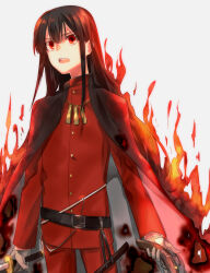 Rule 34 | 1boy, alternate hairstyle, belt, black cape, burning, burnt clothes, cape, fate/grand order, fate (series), fiery hair, fire, gun, highres, holding, holding gun, holding sword, holding weapon, long sleeves, looking ahead, oda nobukatsu (fate), open mouth, pants, red pants, red shirt, shirt, simple background, solo, standing, sword, trap, wakayama kyuuaka, weapon, white background