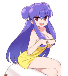 Rule 34 | 1girl, bare shoulders, breasts, chan co, cleavage, collarbone, commentary, crossed legs, double bun, eyeliner, eyeshadow, hair between eyes, hair ornament, large breasts, long hair, looking at viewer, makeup, naked towel, open mouth, purple hair, ranma 1/2, red eyes, shampoo (ranma 1/2), sidelocks, sitting, smile, solo, thighs, towel, vaulting horse, very long hair, white background, yellow towel