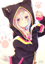 Rule 34 | 1girl, animal ears, animal hood, bell, black jacket, blush, brown background, cat ears, cat girl, cat hood, cat tail, chita (ketchup), choker, closed mouth, commentary request, fake animal ears, gradient background, hair between eyes, hands up, highres, hood, hood up, hooded jacket, jacket, jingle bell, long hair, long sleeves, neck bell, original, paw pose, pink shirt, purple eyes, red choker, shirt, signature, sleeves past wrists, smile, solo, tail, tail raised, upper body, white background, white hair