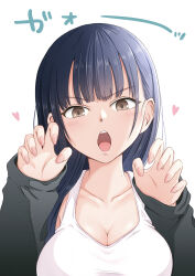 Rule 34 | 1girl, absurdres, black jacket, blue hair, boku no kokoro no yabai yatsu, breasts, brown eyes, claw pose, cleavage, collarbone, dark blue hair, gao, hands up, heart, highres, jacket, large breasts, long hair, long sleeves, looking at viewer, mole, mole on neck, multiple moles, open mouth, sacra (sacrabokuyaba), shirt, simple background, solo, straight hair, t-shirt, upper body, white background, white shirt, yamada anna