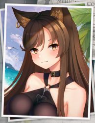 Rule 34 | 1girl, animal ear fluff, animal ears, arknights, bare shoulders, black choker, black one-piece swimsuit, breasts, brown eyes, brown hair, cat ears, choker, commentary, earrings, hair between eyes, highres, jewelry, kaleid, large breasts, long hair, looking at viewer, o-ring, o-ring swimsuit, official alternate costume, one-piece swimsuit, photo (object), revision, skyfire (arknights), skyfire (temperature difference) (arknights), solo, swimsuit, upper body