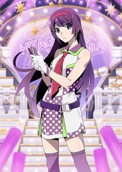 Rule 34 | 1girl, bad id, bad twitter id, bare arms, blue eyes, bracelet, character name, closed mouth, collar, collared shirt, dress, feet out of frame, gloves, green collar, hair spread out, headband, highres, holding, idol, jewelry, long hair, looking at viewer, monogatari (series), monogatari series puc puc, multicolored clothes, multicolored dress, necktie, official art, polka dot, polka dot dress, purple collar, purple dress, purple hair, purple thighhighs, red headband, red necktie, senjougahara hitagi, shadow, shiny skin, shirt, sidelocks, skirt, sleeveless, solo, stage, stage lights, stairs, stapler, thighhighs, very long hair, watanabe akio, white dress, white gloves