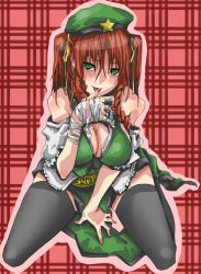 Rule 34 | 1girl, bandages, braid, breasts, china dress, chinese clothes, cleavage, dress, female focus, full body, green eyes, hat, hong meiling, koge-owl, large breasts, red hair, short hair, solo, embodiment of scarlet devil, thighhighs, tongue, touhou, twin braids