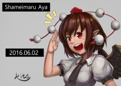 Rule 34 | 1girl, absurdres, black necktie, black wings, blush, breasts, brown hair, collared shirt, dated, fang, grey background, hand up, hat, highres, necktie, open mouth, pointy ears, puffy short sleeves, puffy sleeves, red eyes, shameimaru aya, shirt, short hair, short sleeves, signature, simple background, small breasts, smile, solo, soranoslayers, tokin hat, touhou, upper body, wings
