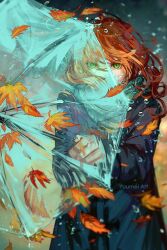 Rule 34 | 1girl, artist name, autumn, autumn leaves, blue coat, blue umbrella, coat, commentary, covered mouth, english commentary, eyelashes, field, fingernails, green eyes, grey scarf, highres, holding, holding umbrella, liquid umbrella, long hair, long sleeves, night, night sky, orange hair, original, outdoors, scarf, sky, solo, striped clothes, striped scarf, umbrella, vertical-striped clothes, vertical-striped scarf, water drop, watermark, wind, wind lift, yuumei