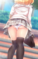 Rule 34 | 1girl, ass, black thighhighs, blonde hair, blurry, blurry background, briefcase, commentary request, day, depth of field, facing away, from behind, from below, gochuumon wa usagi desu ka?, grey skirt, head out of frame, kirima syaro, outdoors, panties, plaid, plaid skirt, pleated skirt, rikatan, sailor collar, school briefcase, school uniform, shirt, skirt, solo, tedeza rize&#039;s school uniform, thighhighs, underwear, upskirt, white panties, white sailor collar, white shirt