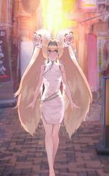 Rule 34 | 1girl, alternate costume, armlet, barefoot, blazblue, blonde hair, china dress, chinese clothes, dress, green eyes, headband, long hair, looking at viewer, looking to the side, platinum the trinity, quentin lecuiller, smile, solo, twintails, very long hair