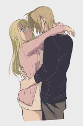 Rule 34 | 1boy, 1girl, absurdres, arms around neck, arms around waist, black shirt, blonde hair, blue eyes, blush, brown pants, cardigan, closed mouth, couple, cowboy shot, cropped legs, dress, edward elric, from side, frown, fullmetal alchemist, grey background, hetero, highres, hug, long hair, long sleeves, looking at another, open cardigan, open clothes, pants, pink cardigan, piyohiko moru, shirt, short dress, simple background, sketch, straight hair, twitter username, white dress, winry rockbell