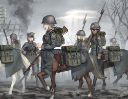 Rule 34 | 6+girls, ammunition pouch, bag, bare tree, bayonet, blonde hair, blue eyes, bolt action, boots, braid, breast pocket, breasts, brown eyes, cape, carcano, centaur, closed mouth, cloud, cloudy sky, commentary request, dark-skinned female, dark skin, fog, full body, gewehr 88, grey cape, grey headwear, grey jacket, grey pants, gun, gun sling, hair between eyes, hands on own hips, hat, holding, holding gun, holding weapon, hooves, horse tail, jacket, knee boots, kws, light rays, long hair, long sleeves, looking at another, looking at viewer, medium breasts, military, military hat, military jacket, military uniform, monster girl, multiple girls, multiple legs, open mouth, original, outdoors, pants, peaked cap, pocket, ponytail, pouch, red eyes, red hair, rifle, ruins, saddle, short hair, sidelocks, signature, silver hair, sky, smoke, standing, standing on three legs, tail, taur, teeth, tree, uniform, upper teeth only, waistcoat, war, weapon, weapon request