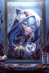 Rule 34 | 1girl, absurdres, blood, blood on face, blood on hands, blood on mirror, bloody knife, bloody weapon, blue choker, blue eyes, blue hair, blue shirt, blush, choker, highres, holding, holding knife, holding weapon, hololive, hood, hoodie, hoshimachi suisei, hoshimachi suisei (school uniform), knife, looking at self, official alternate costume, open mouth, shirt, shouhaku0512, smile, solo, tongue, tongue out, virtual youtuber, weapon, white hoodie