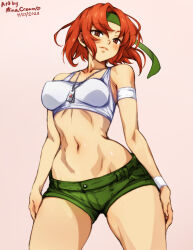 Rule 34 | 1girl, advance wars, artist name, bandaged arm, bandages, blush, breasts, brown eyes, closed mouth, collarbone, commentary, cowboy shot, crop top, dated, dog tags, english commentary, floating hair, green headband, green shorts, headband, looking at viewer, medium breasts, midriff, mina cream, navel, nintendo, red hair, sami (advance wars), short hair, short shorts, shorts, solo, stomach, tank top, thighs, white tank top, wristband