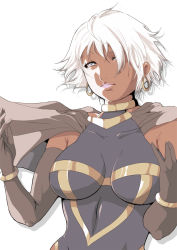 Rule 34 | 10s, 1girl, animification, breasts, cape, dark-skinned female, dark skin, earrings, elbow gloves, gloves, impossible clothes, impossible shirt, jewelry, large breasts, lips, marvel, okazuwa shake, shirt, short hair, solo, storm (x-men), white hair, x-men