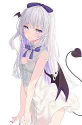 Rule 34 | 1girl, bare arms, bare shoulders, black wings, blush, bow, breasts, cleavage, cleavage cutout, clothing cutout, commentary, demon girl, demon tail, demon wings, dress, english commentary, hair bow, hair intakes, heart cutout, highres, hitsukuya, long hair, looking at viewer, multicolored hair, nail polish, one side up, original, parted lips, partially unbuttoned, purple bow, purple eyes, purple hair, purple nails, simple background, sleeveless, sleeveless dress, small breasts, solo, tail, two-tone hair, very long hair, white background, white dress, white hair, wings