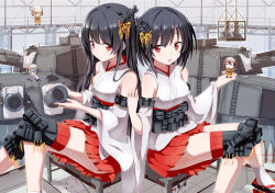Rule 34 | 10s, 5girls, ayuya naka no hito, bare shoulders, black hair, blush, breasts, cat, damage control crew (kancolle), detached sleeves, fusou (kancolle), gotyou, hair ornament, japanese clothes, kantai collection, large breasts, long hair, looking at viewer, multiple girls, nontraditional miko, open mouth, personification, red eyes, short hair, sitting, skirt, yamashiro (kancolle)