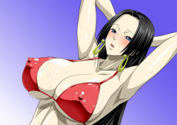 Rule 34 | 1girl, black hair, blue eyes, boa hancock, breasts, covered erect nipples, female focus, large breasts, long hair, nel-zel formula, nipples, one piece, open mouth, swimsuit