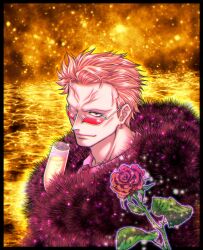 Rule 34 | 1boy, blonde hair, coat, collared shirt, cup, donquixote doflamingo, earrings, feather coat, flower, glass, highres, holding, holding cup, jewelry, leaf, light particles, looking at viewer, looking over eyewear, male focus, necktie, ocean, one eye closed, one piece, pink coat, red eyes, red flower, red necktie, red rose, rose, shirt, short hair, smile, sunglasses, tatsuoryusei, upper body, white shirt, yellow background