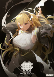 Rule 34 | 1girl, bare shoulders, blonde hair, breasts, chain, closed mouth, commentary request, dark background, denonbu, dollar sign, hairband, highres, jacket, jewelry, large breasts, logo, long hair, long sleeves, looking at viewer, necklace, pantyhose, red eyes, shimamamauma, shirokane aki, skirt, solo, standing, sweater, white sweater