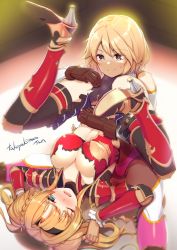 Rule 34 | 2girls, akahito, armor, ass, black panties, blonde hair, blue eyes, blush, boots, breasts, brown eyes, cleavage, commission, djeeta (granblue fantasy), femdom, fingering, fingering through clothes, fingering through panties, gloves, granblue fantasy, hairband, head on ass, high heel boots, high heels, multiple girls, panties, piledriver (wrestling), restrained, short hair, skeb commission, skirt, thighhighs, thighs, through clothes, torn clothes, twintails, underwear, wrestling, wrestling outfit, wrestling ring, yuri, zeta (granblue fantasy)