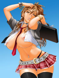 Rule 34 | 1girl, areolae, belt buckle, between breasts, black choker, black legwear, breasts, brown eyes, brown hair, buckle, choker, collarbone, curvy, earrings, covered erect nipples, half-jacket, half jacket, half shirt, highleg, highleg panties, highres, huge breasts, impossible clothes, jacket, jewelry, lips, lipstick, looking at viewer, makeup, matching hair/eyes, microskirt, miniskirt, mole, mole under mouth, navel, navel piercing, necktie, necktie between breasts, nipples, no bra, open clothes, original, panties, parted lips, piercing, plaid, plaid skirt, red neckite, revealing clothes, school briefcase, school uniform, sexually suggestive, shiny, shiny skin, skirt, skull earrings, tatsunami youtoku, teeth, thong, unbuttoned, unbuttoned shirt, underwear