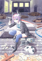 Rule 34 | 1girl, animal, arm rest, black cardigan, black footwear, black gloves, black skirt, blue thighhighs, boots, cardigan, cat, closed eyes, closed mouth, collared shirt, day, eyepatch, full body, gloves, green neckwear, hair between eyes, hand up, headgear, highres, holding, holding sword, holding weapon, indoors, kantai collection, looking at viewer, miniskirt, necktie, nijiboushi, over shoulder, painting (medium), parted bangs, partially fingerless gloves, purple hair, sheath, shirt, short hair, sitting, skindentation, skirt, sleeping, smile, sword, tenryuu (kancolle), thighhighs, traditional media, v-shaped eyebrows, watercolor (medium), weapon, weapon over shoulder, white shirt, window, wing collar, yellow eyes, zettai ryouiki