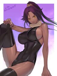 Rule 34 | 1girl, absurdres, bare shoulders, bleach, border, breasts, cameltoe, covered erect nipples, dark-skinned female, dark skin, from behind, hand on own thigh, highleg, highleg leotard, highres, large breasts, leotard, long hair, looking at viewer, medium breasts, ponytail, purple background, purple hair, ri-ko, scarf, shihouin yoruichi, shiny clothes, sitting, smile, solo, thighhighs, thighs, thong leotard, twitter username, white border, yellow eyes
