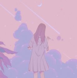 Rule 34 | 1girl, bubble, blowing bubbles, cloud, cloudy sky, crescent moon, dress, feet out of frame, hand up, highres, leaf, long hair, moon, original, pink theme, plant, purple hair, rasukusekai, shooting star, short sleeves, sky, solo, white dress
