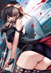 Rule 34 | 1girl, ass, bare arms, bare shoulders, black dress, black hair, black thighhighs, blood, blush, breasts, commentary, cowboy shot, dress, english commentary, hair between eyes, hairband, highres, holding, holding weapon, large breasts, long hair, looking at viewer, nail polish, petals, red eyes, red nails, rose petals, solo, spy x family, squchan, standing, thighhighs, thighs, underbutt, weapon, yellow hairband, yor briar