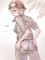 Rule 34 | 10s, 1girl, a6m zero, absurdres, ahoge, aircraft, airplane, flight goggles, goggles, graphite (medium), helmet, highres, imperial japanese army, looking at viewer, looking back, military, military uniform, monochrome, overalls, pilot, pilot suit, red eyes, revision, short hair, silver hair, smile, solo, traditional media, uchuu senkan yamato, uchuu senkan yamato 2199, uniform, world war ii, yamamoto akira, yoshikawa kazunori