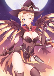 Rule 34 | 1girl, blonde hair, blue eyes, breasts, cleavage, eyebrows, full moon, gun, halloween, hat, high ponytail, long hair, mechanical wings, mercy (overwatch), mmrailgun, moon, one eye closed, overwatch, overwatch 1, smile, solo, staff, thighhighs, weapon, wings, witch hat, yellow wings