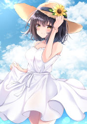 Rule 34 | 1girl, blue sky, brown hair, closed mouth, clothes lift, cloud, collarbone, dress, dress lift, flower, frilled dress, frills, hand on headwear, hat, hat flower, highres, light rays, nakaji (user snap3353), ocean, original, outdoors, sky, smile, solo, standing, straw hat, sun hat, sundress, white dress, yellow eyes