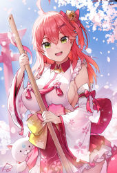 Rule 34 | 1girl, 35p (sakura miko), :d, absurdres, ahoge, bell, blue sky, breasts, cat, cat hair ornament, cherry blossom print, cherry blossoms, day, detached sleeves, falling petals, floral print, frills, green eyes, hair bell, hair between eyes, hair ornament, hairclip, highres, holding, hololive, large breasts, long hair, looking at viewer, obi, one side up, open mouth, outdoors, petals, pink hair, pink skirt, radjeong, sakura miko, sakura miko (1st costume), sash, shirt, sideboob, skirt, sky, smile, sunlight, teeth, torii, virtual youtuber, white shirt, wing collar