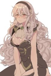 Rule 34 | 1girl, aomeeso, armor, bad id, bad twitter id, black armor, black legwear, blush, breasts, cleavage, corrin (female) (fire emblem), corrin (fire emblem), fire emblem, fire emblem fates, hair ornament, highres, large breasts, long hair, looking at viewer, nintendo, pointy ears, red eyes, silver hair, simple background, sitting, solo, tiara, very long hair, white background
