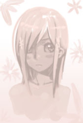Rule 34 | 00s, 1girl, blush, closed mouth, collarbone, female focus, frown, koiso shuuhei, looking at viewer, lucy maria misora, monochrome, pink theme, simple background, solo, to heart (series), to heart 2, topless frame, upper body, white background